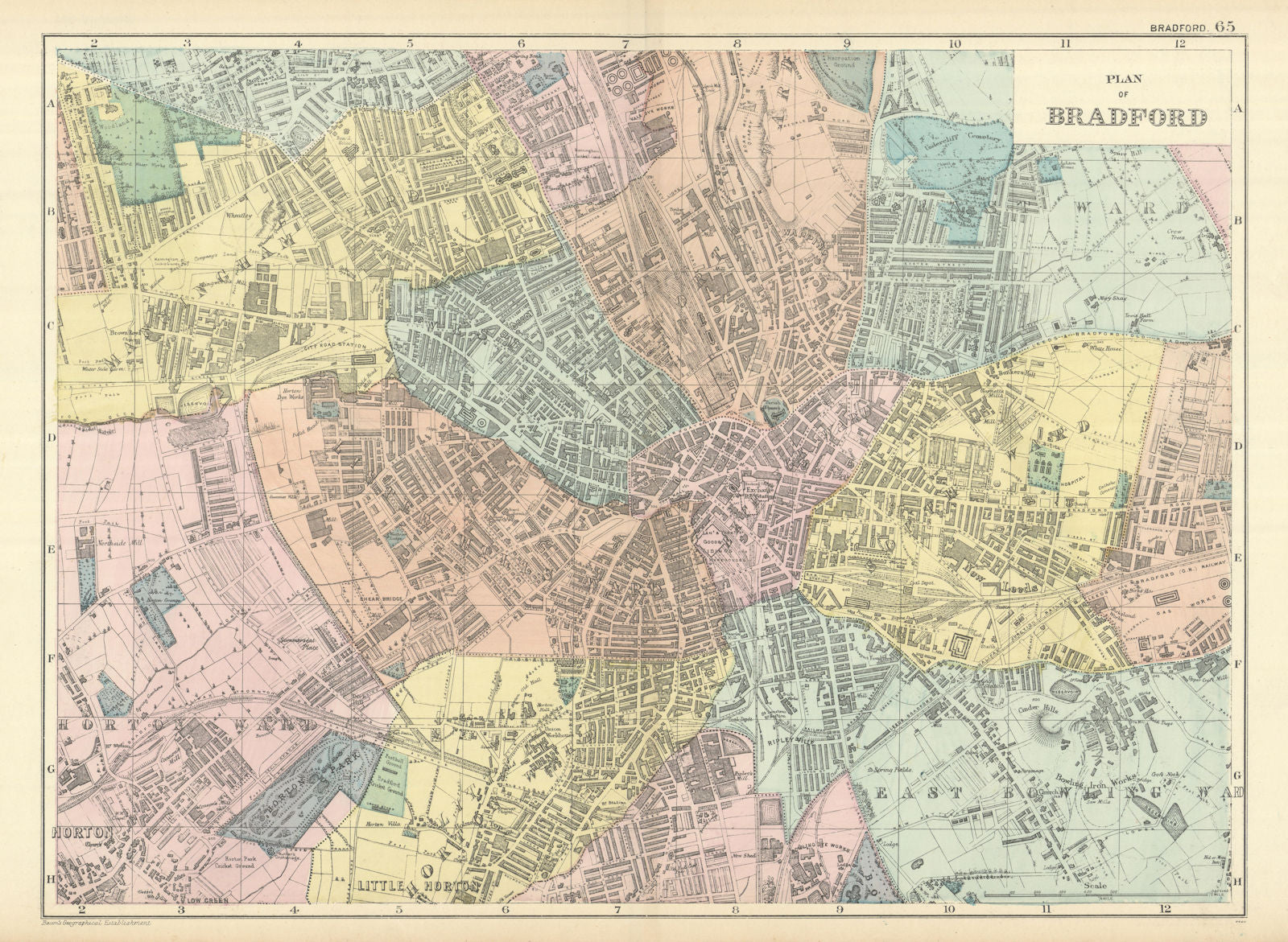 BRADFORD Manningham Horton Bowling antique town city plan GW BACON 1898 map